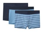Three pairs of men's boxer briefs in dark blue, light blue, and blue stripes.