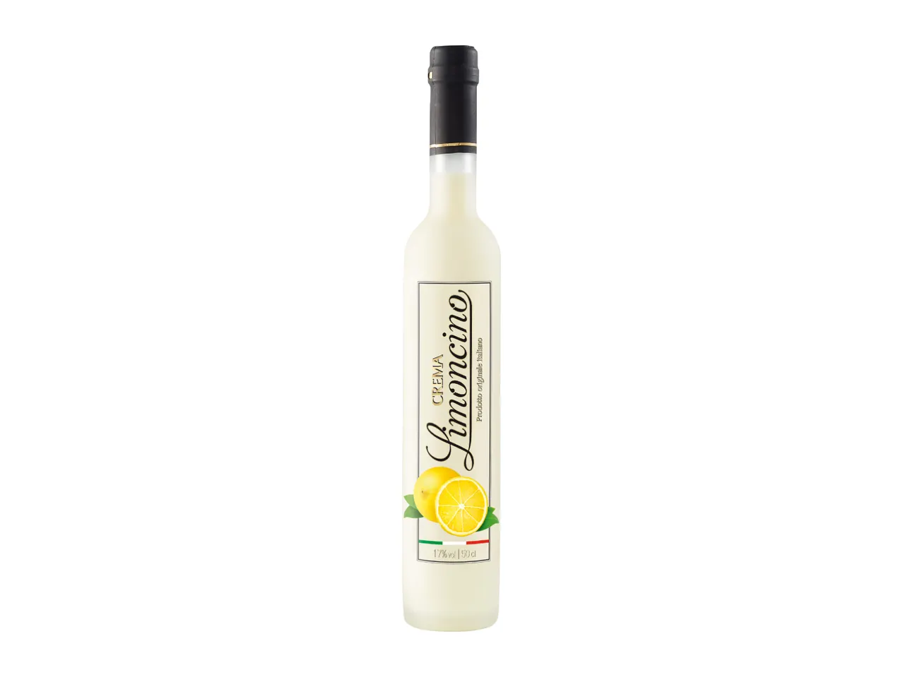 Creamy lemon liqueur bottle with a lemon illustration and Italian flag colors.