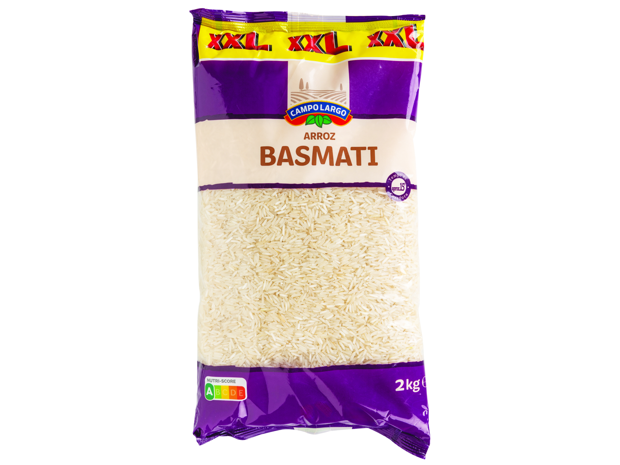 Arroz Basmati em embalagem roxa e branca com rótulo Nutri-Score A.
