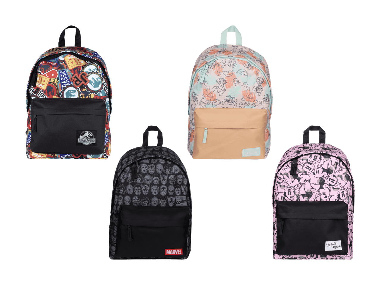 Fem rygsække med forskellige mønstre, herunder Jurassic World, Stitch, Marvel og Minnie Mouse.