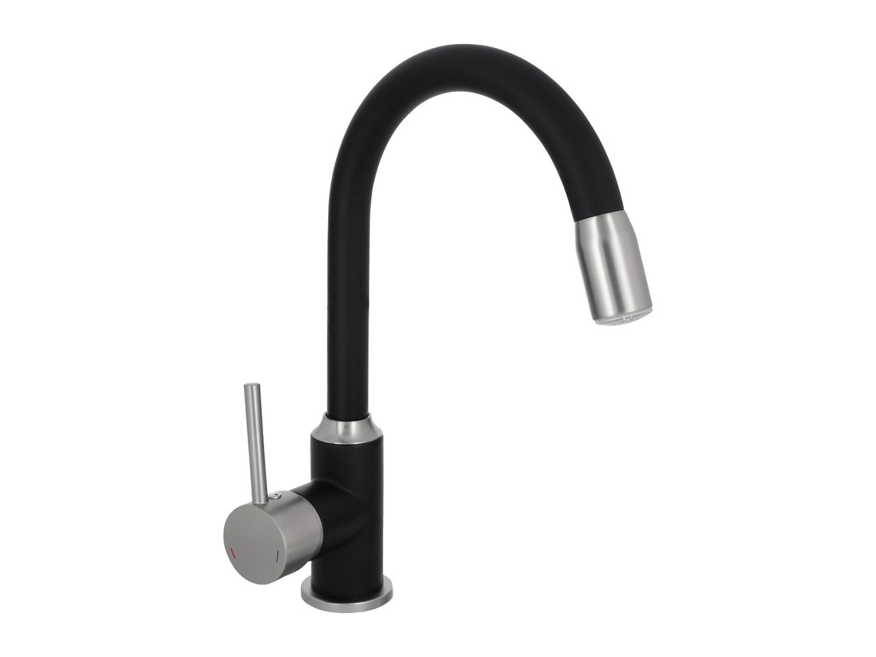 Black and silver kitchen faucet with a flexible spout and single lever handle