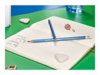 Two blue pencils, an eraser, and pencil shavings on an open dotted notebook with 3D text.