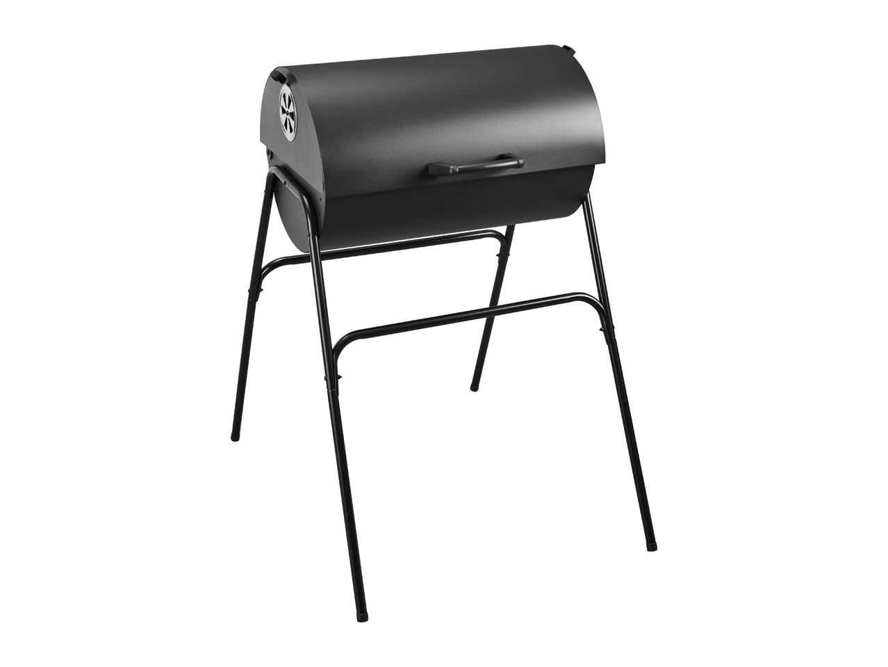 Black metal compost tumbler on a stand