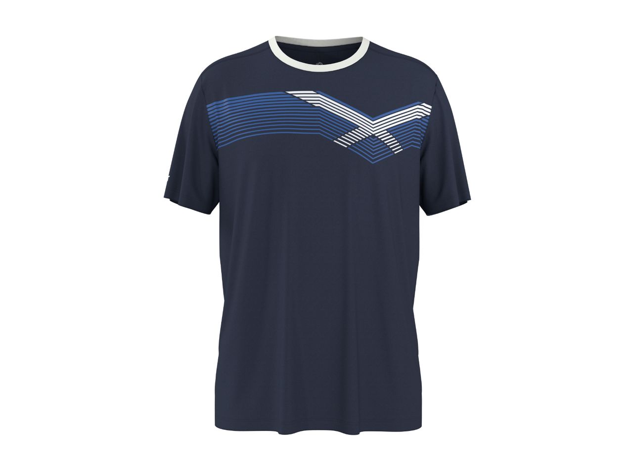 Navy blue men's t-shirt with a white and blue striped chevron pattern on the chest.