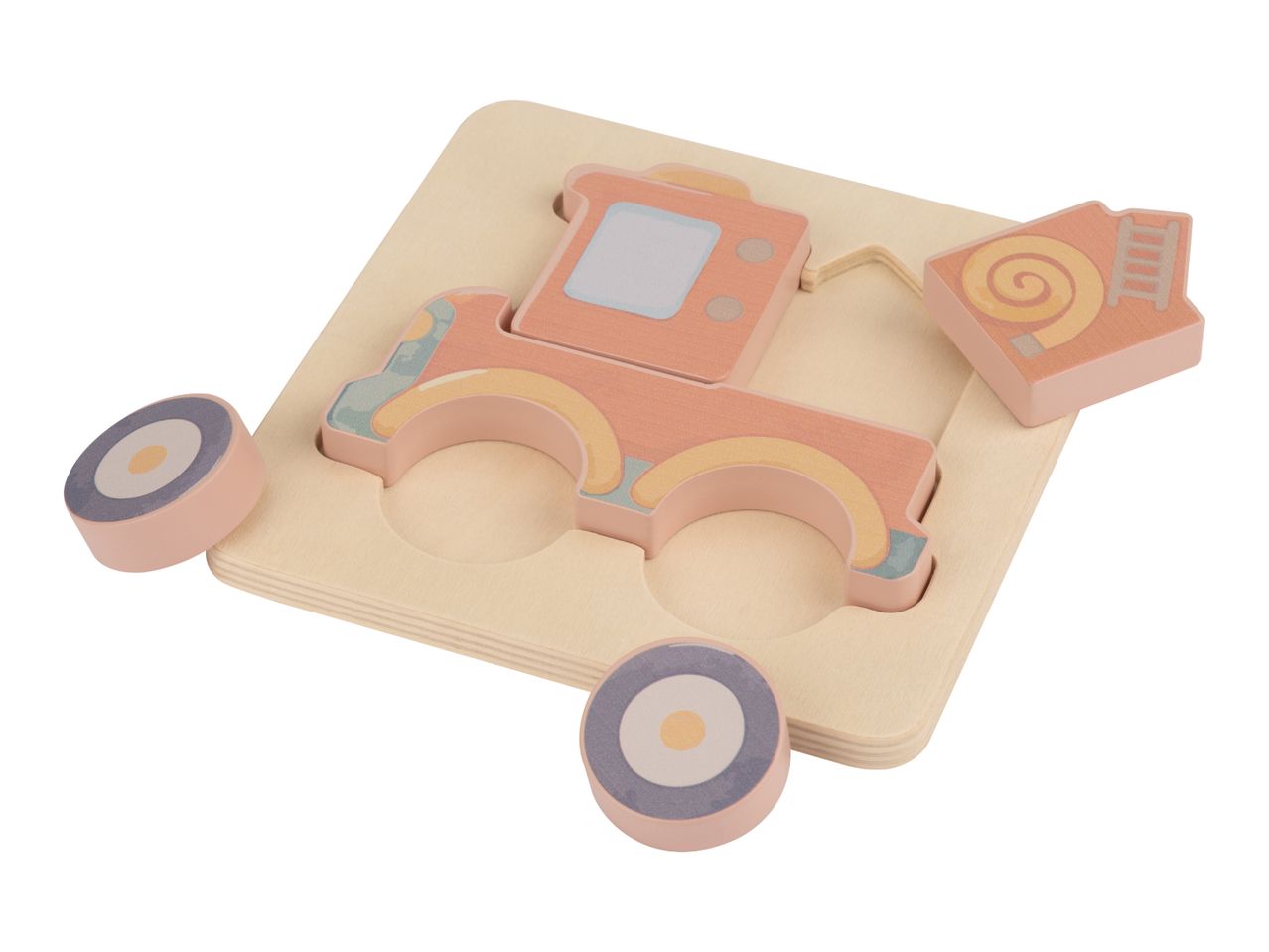 Wooden puzzle with a fire truck, two wheels, and a fire station piece.