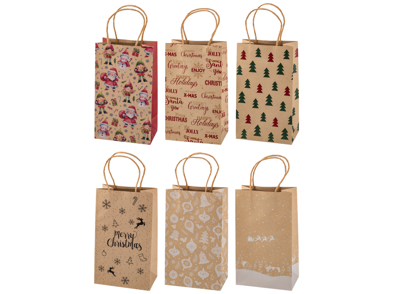 Conjunto de 6 sacos de presente crelando® com temas de Natal, como Pai Natal, árvores e textos.