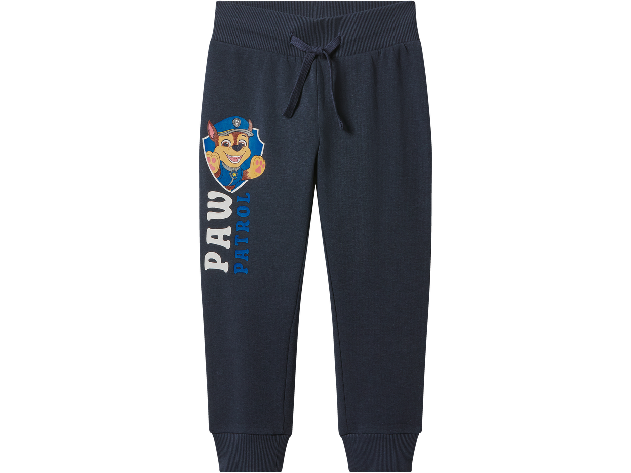 Tamsiai mėlynos sportinės kelnės su „Paw Patrol“ personažu Chase ir užrašu „PAW PATROL“.