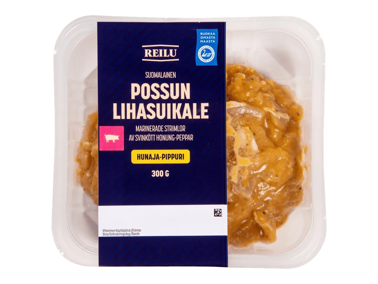 Hunaja-pippurimarinoitu porsaanlihasuikale 300 g pakkauksessa.