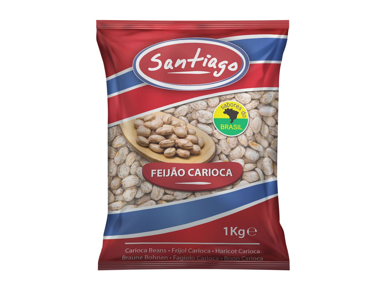 Santiago brand Carioca beans in a 1kg bag.