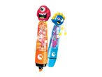 Two colorful monster-themed highlighters with glitter and liquid inside.