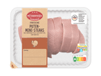Verpackung mit frischen Puten-Mini-Steaks und Informationen zur Herkunft und Haltungsform.