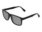 Black sunglasses with grey lenses, angled view.