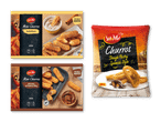 Tre pakker churros: to mini-churros med vanilje- og kakao-/hasselnødfyld og en større pakke churros.