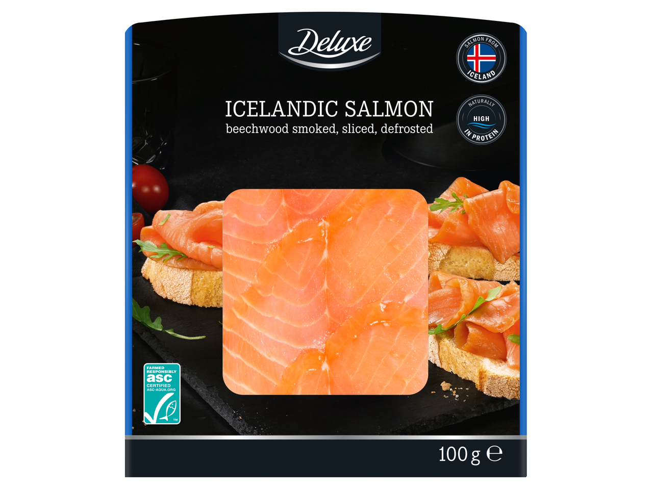 Deluxe kūpināta Islandes laša iepakojums ar uzrakstu '100 g'.