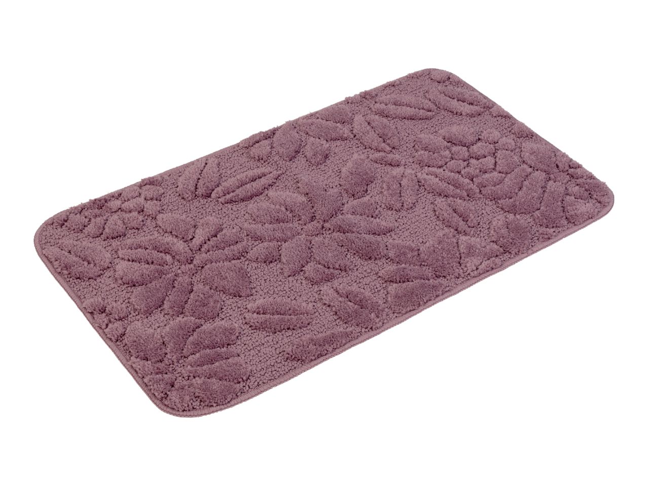 Rectangular purple bath mat with an embossed leaf pattern.