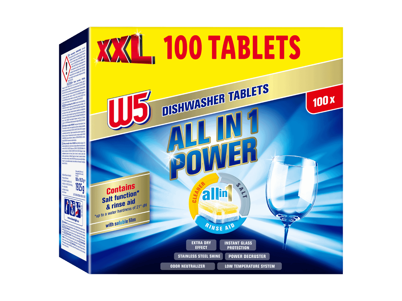 Confezione di pastiglie per lavastoviglie W5 All in 1 Power XXL da 100 compresse.