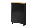 Black slim storage cabinet on wheels with a light wooden top