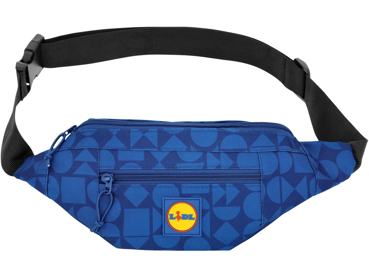 Blue Lidl bum bag with geometric pattern and Lidl logo on a yellow patch.