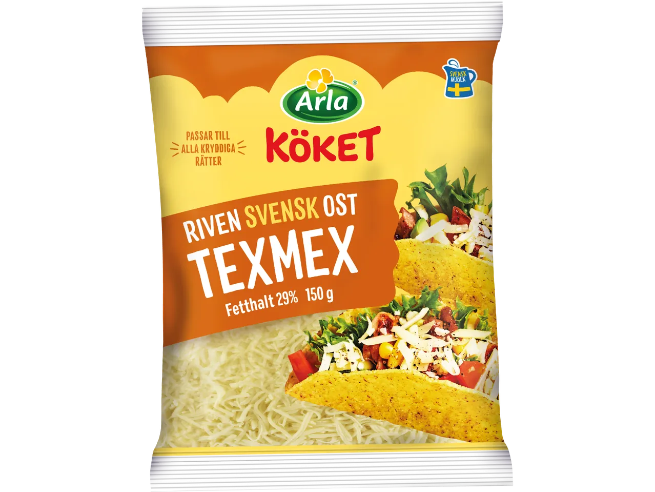 En påse Arla Köket riven svensk Texmex-ost, 29% fetthalt, 150g, med tacobilder.