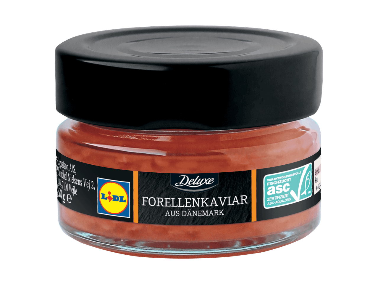 Lidl Deluxe Forellenkaviar aus Dänemark in einem Glas mit schwarzem Deckel, ASC-zertifiziert.