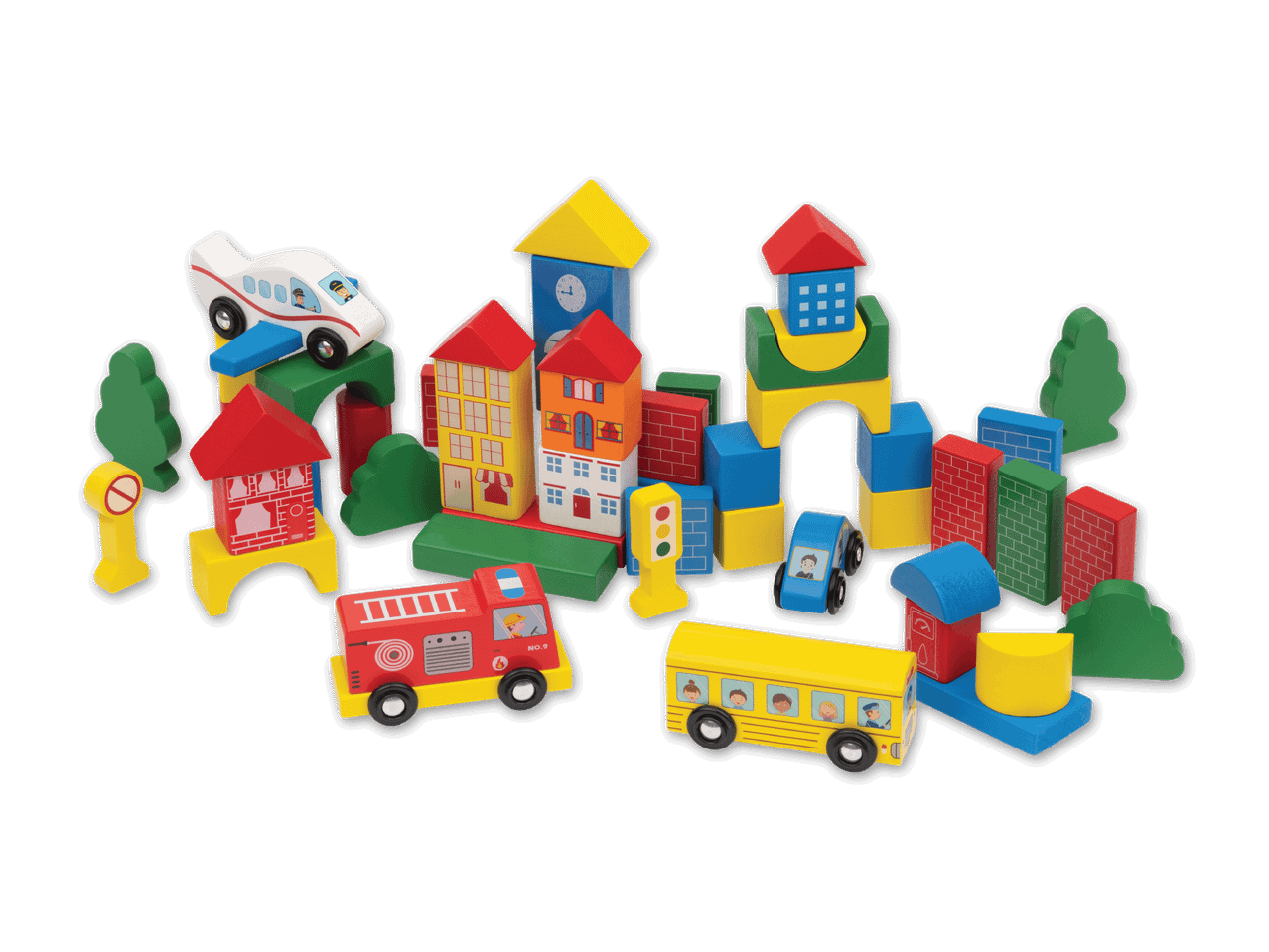 Buntes Holzspielzeug-Set mit Stadtmotiv, darunter Häuser, Fahrzeuge und Bäume.