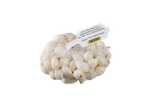 A mesh bag of white onion bulbs with a label indicating origin from The Netherlands.