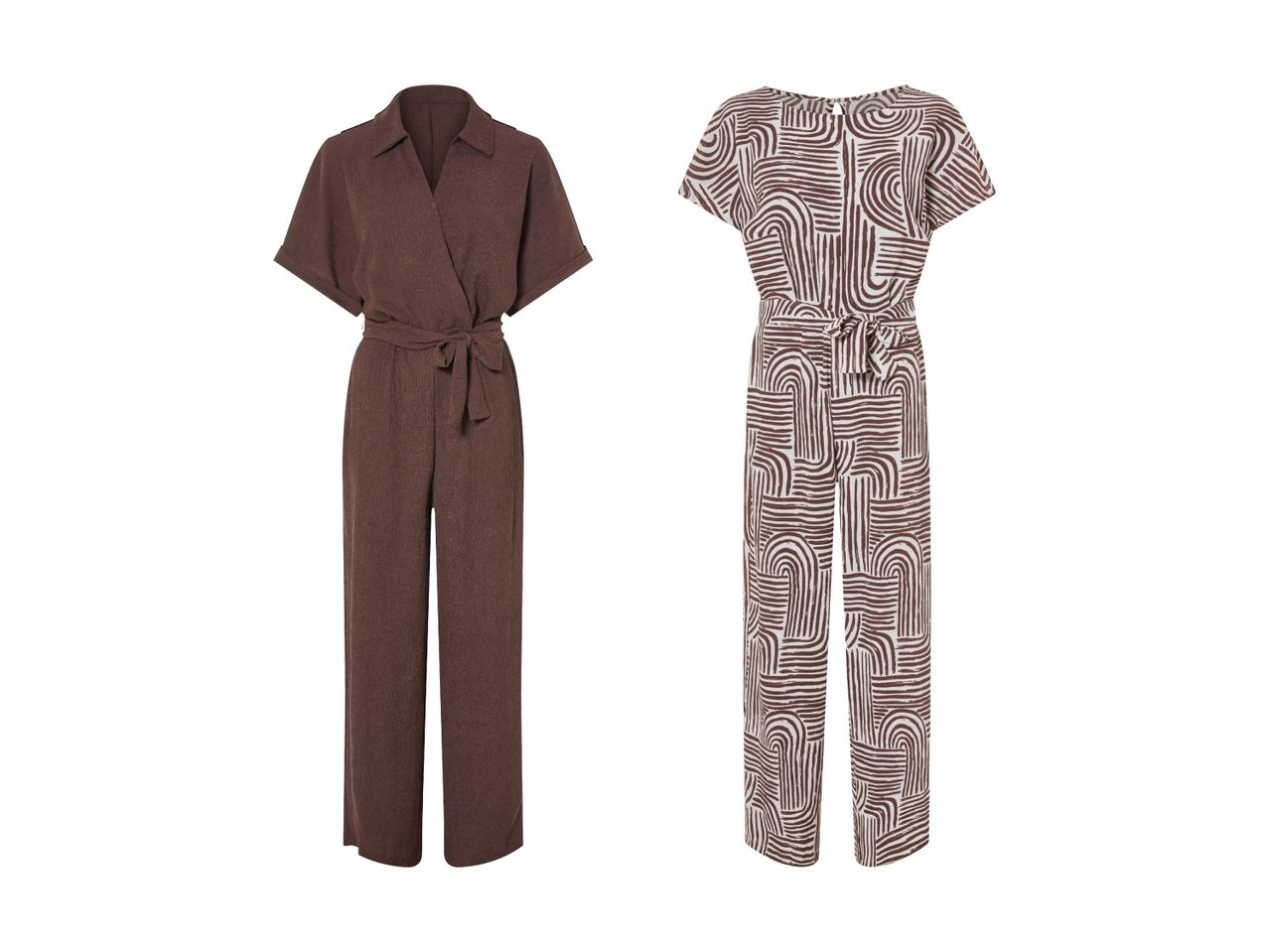 Zwei elegante Jumpsuits: ein brauner und einer mit Animalprint.