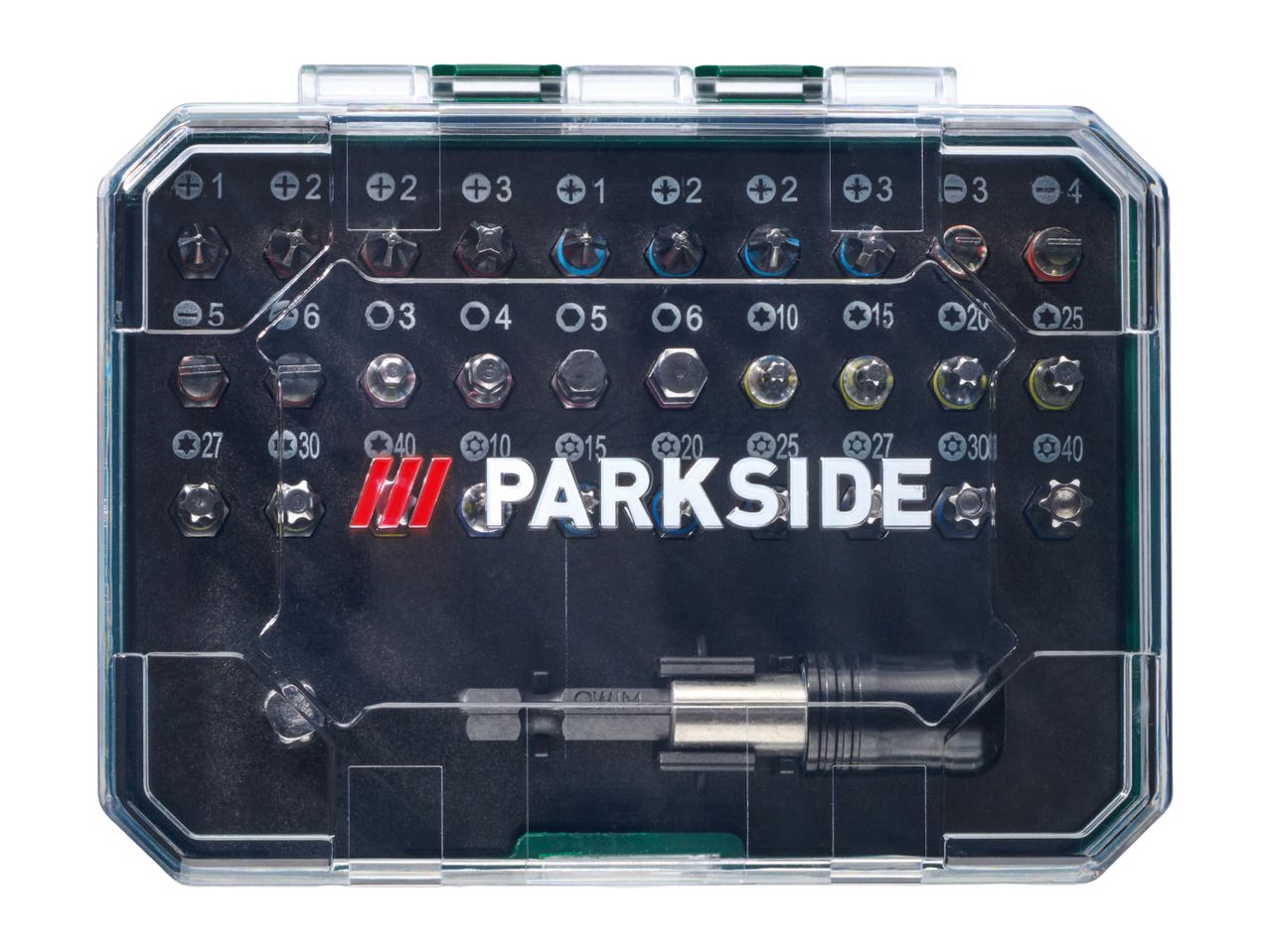 A Parkside screwdriver bit set with various sizes and types of bits, including a bit holder.