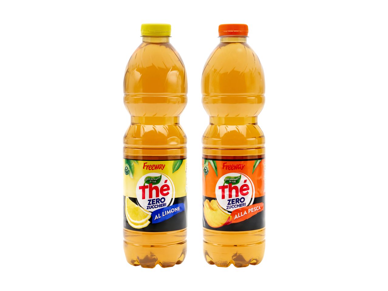 Due bottiglie di Freeway Thé Zero Zuccheri, al limone e alla pesca.