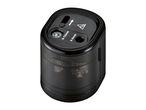 A black, cylindrical pencil sharpener with two sharpening holes, one for 6-8mm and another for 9-12mm pencils.