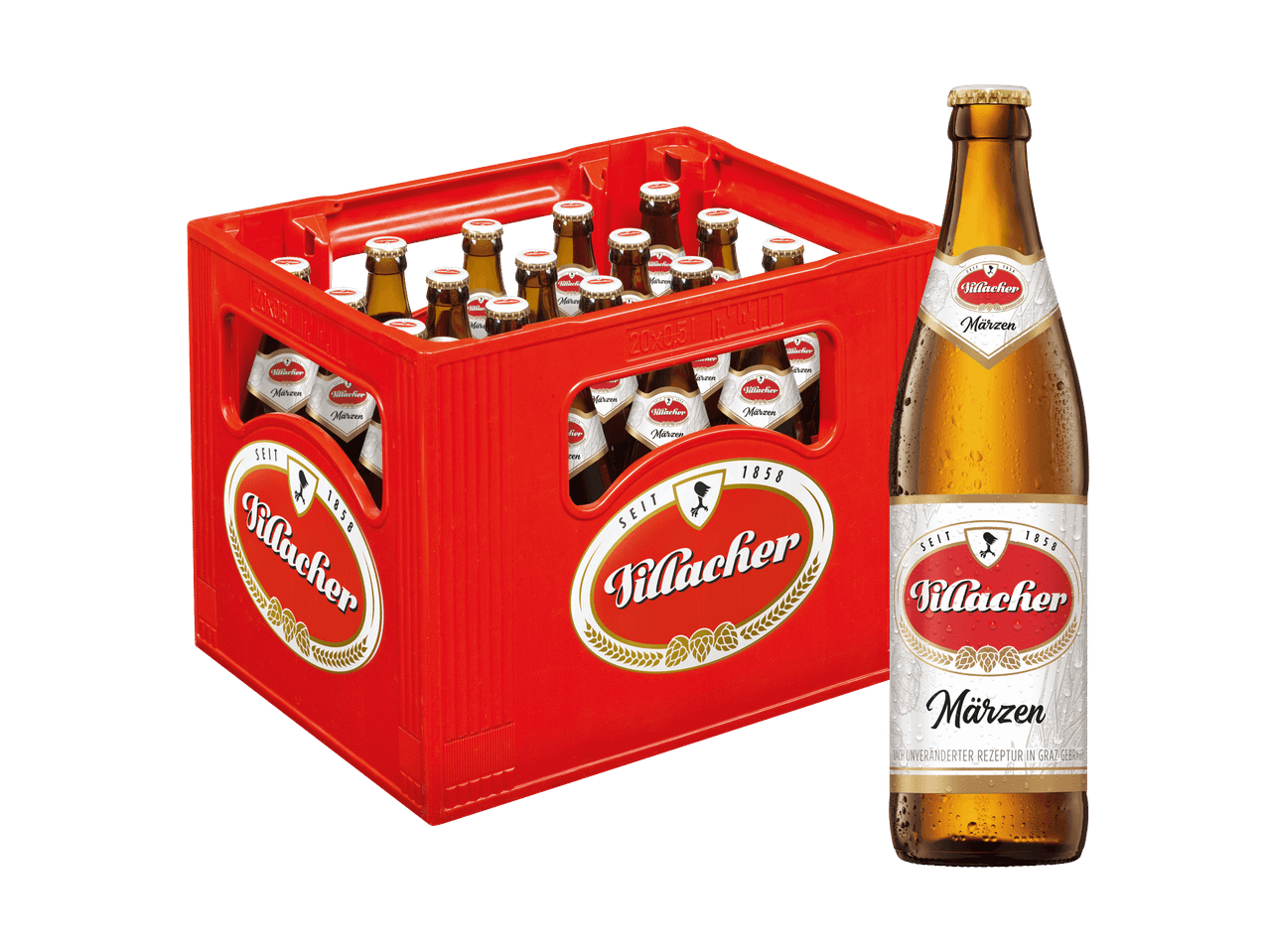 Villacher Märzen Bierkiste mit 20 Flaschen und einer einzelnen Flasche daneben.