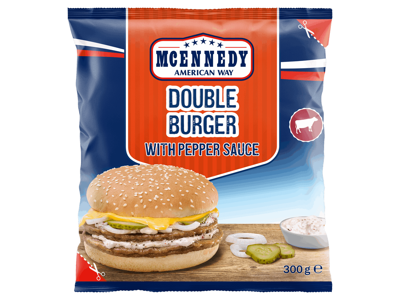Dupla hamburger borsmártással, 300 g-os kiszerelésben.