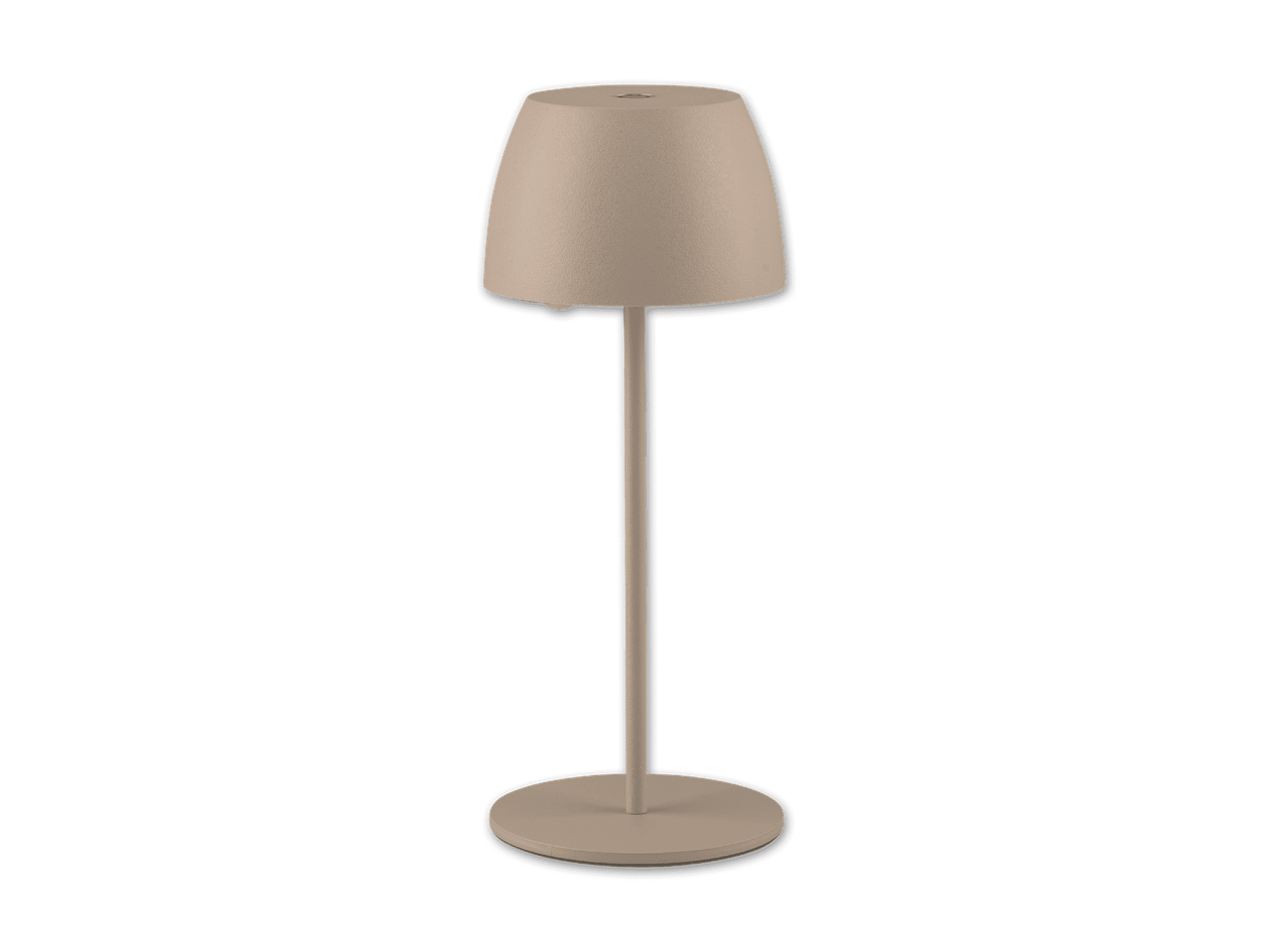 Eine einzelne, schlanke Stehlampe mit einem beigefarbenen Schirm und Sockel auf schwarzem Hintergrund.