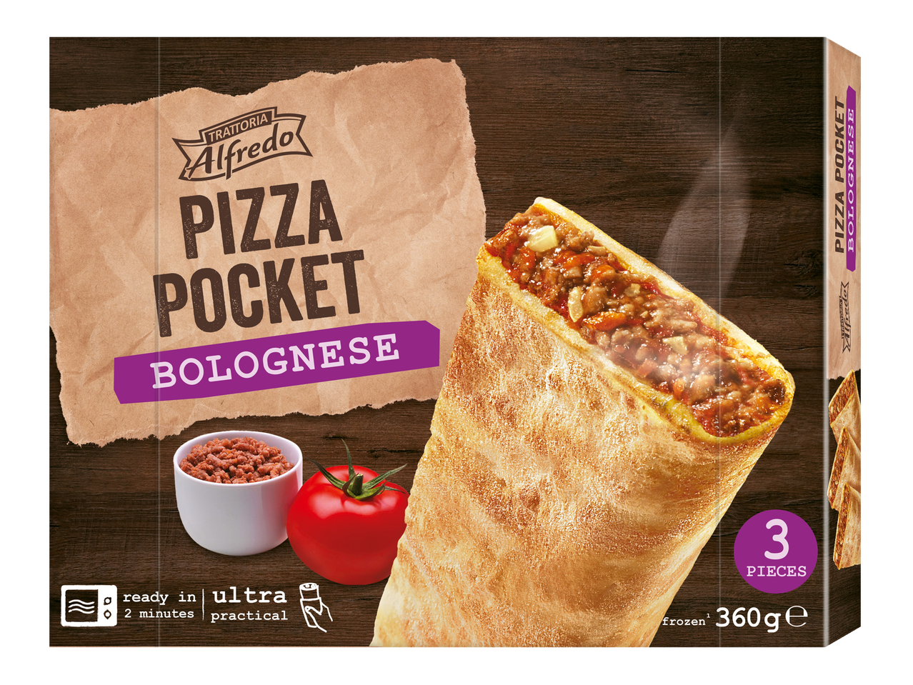 Pizza Pocket Trattoria Alfredo Bolonhesa, congeladas, 3 unidades.