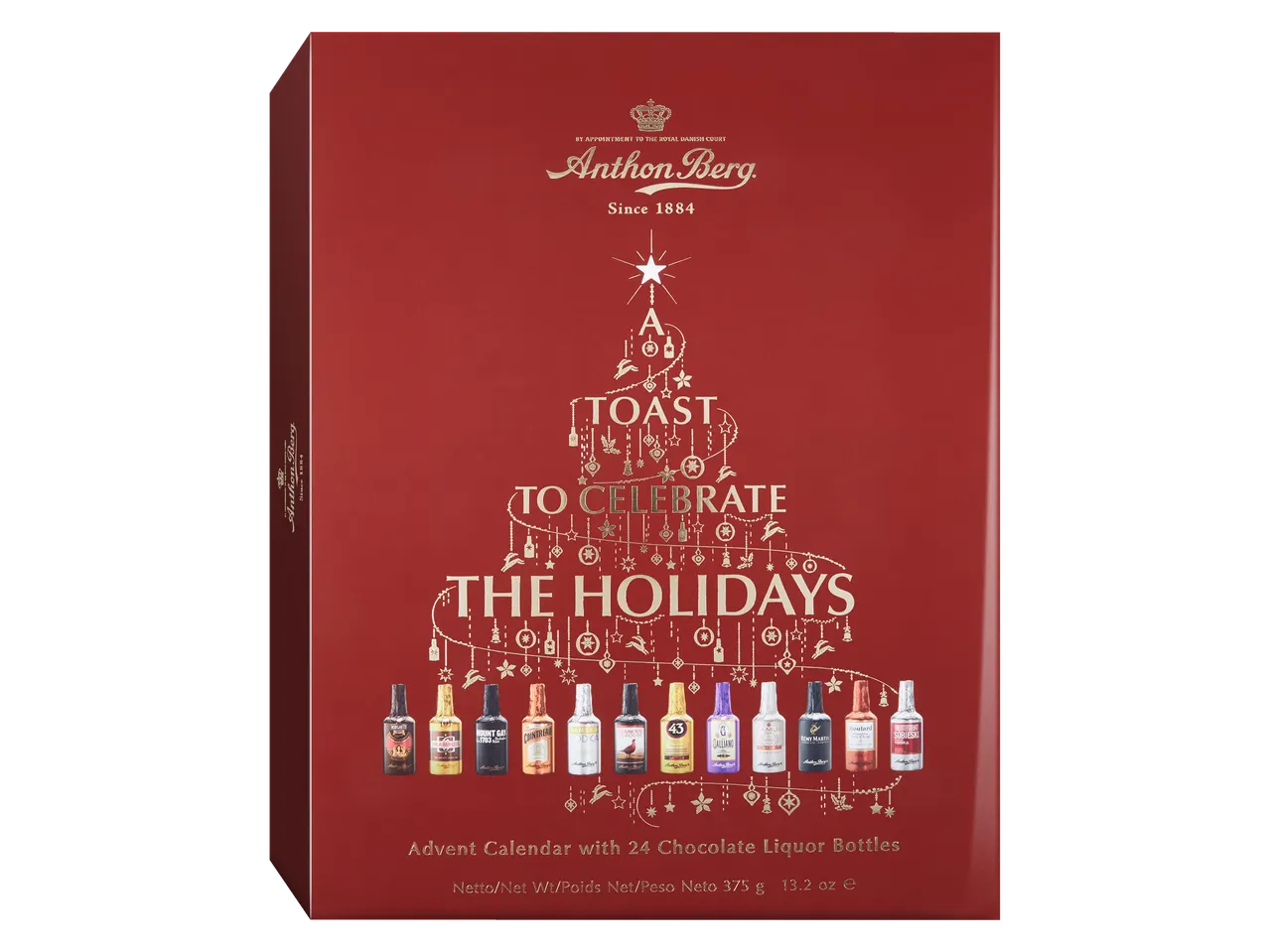 Anthon Berg advento kalendorius su 24 šokoladiniais likerio buteliukais, su įvairiais prekių ženklais.