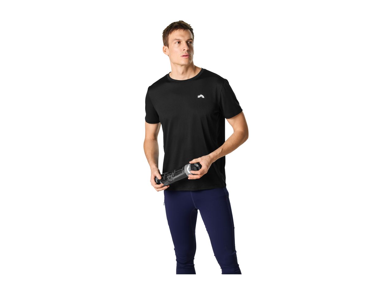 Man in black sports t-shirt and navy leggings holding a water bottle.