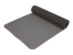 A partially unrolled gray yoga mat with a textured surface.
