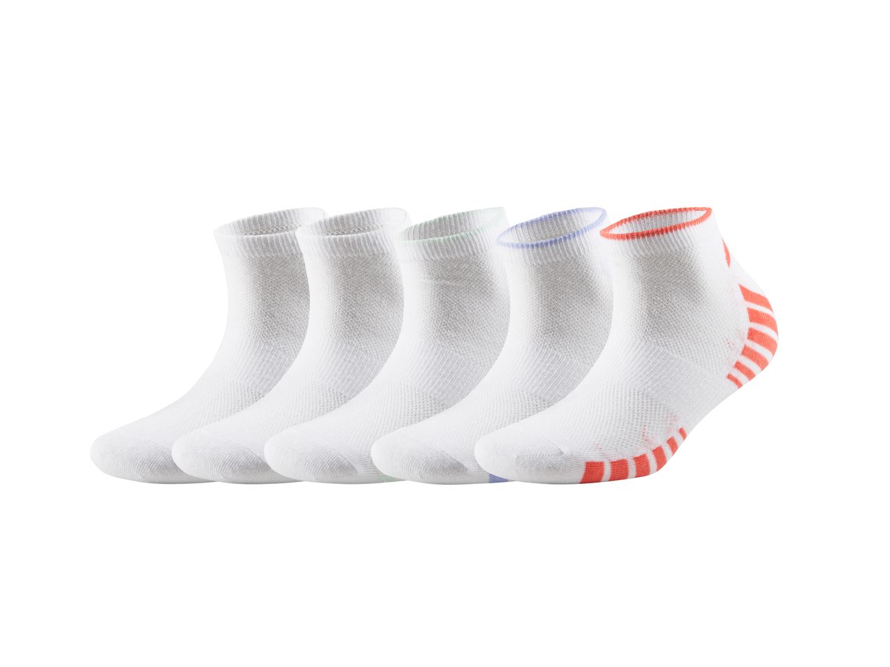 Five pairs of white ankle socks with orange accents on the bottom.
