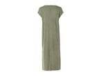 Back view of a long, loose-fitting olive green maxi dress with short sleeves