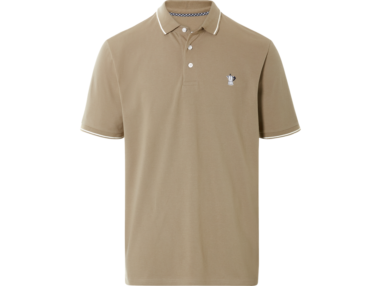 Un polo beige avec un liseré blanc sur le col et une petite cafetière brodée sur la poitrine.
