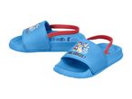 Blå børnesandaler med Paw Patrol-motiv og rød elastikrem, der siger 'BIG SMILES!'.