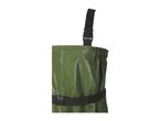 Close-up of green waterproof waders with black straps and buckles