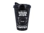 Black travel mug with Star Wars themed 'Come to the dark side we have coffee' design