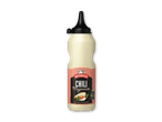 Chili mayonnaise i en klemmeflaske, med et billede af en bao bun og teksten '50% BIO PLAST'.