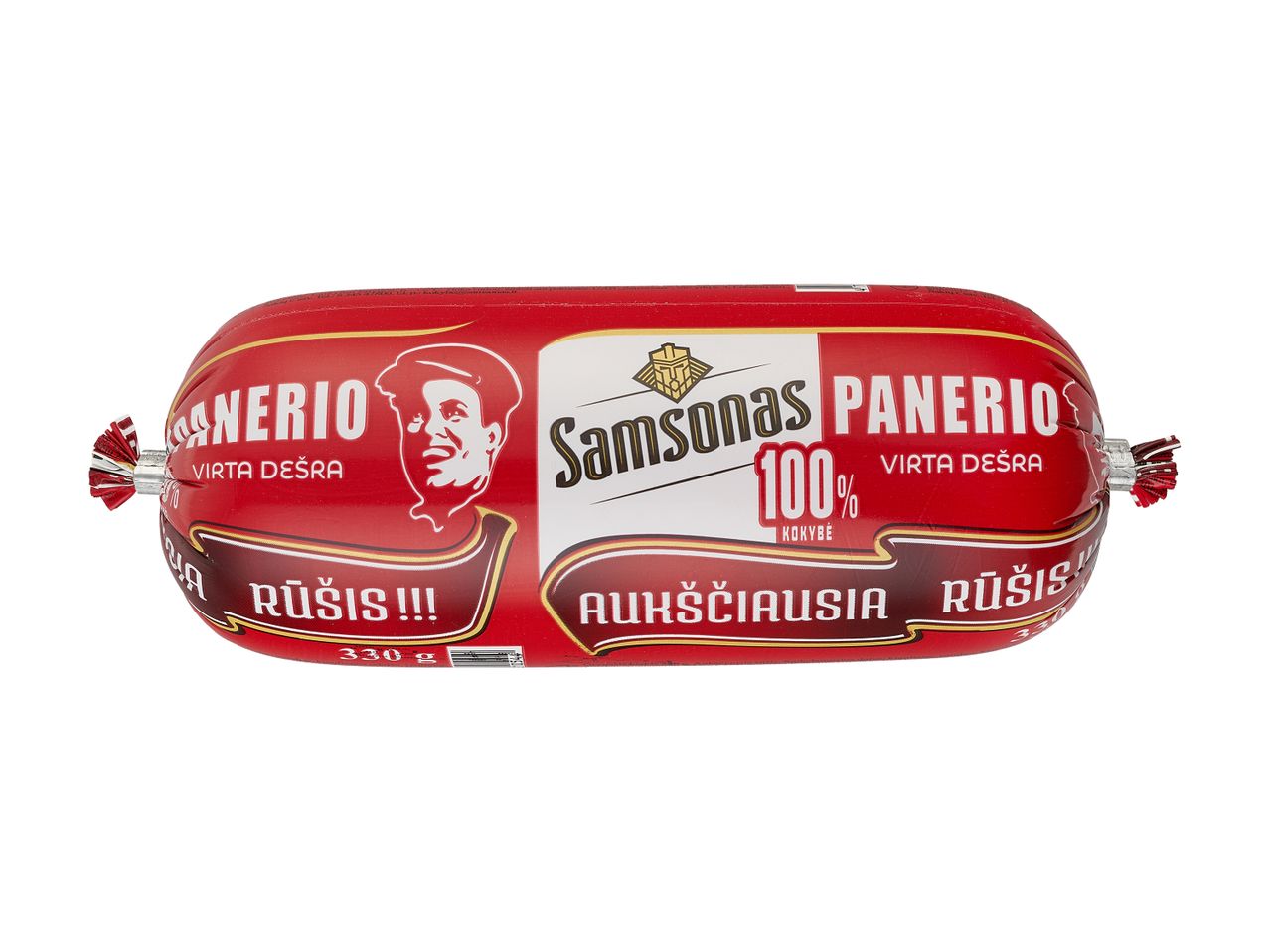 Raudona dešros pakuotė su užrašu „Samsonas Panerio Virta Dešra“ ir „100% Kokybė“.