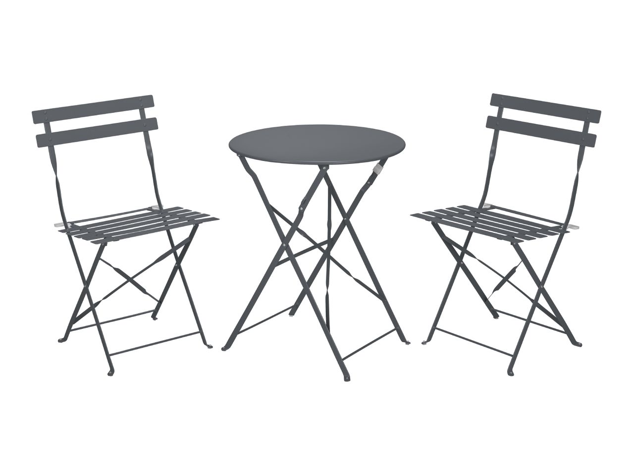Dark gray bistro table with two matching folding chairs on a white background.