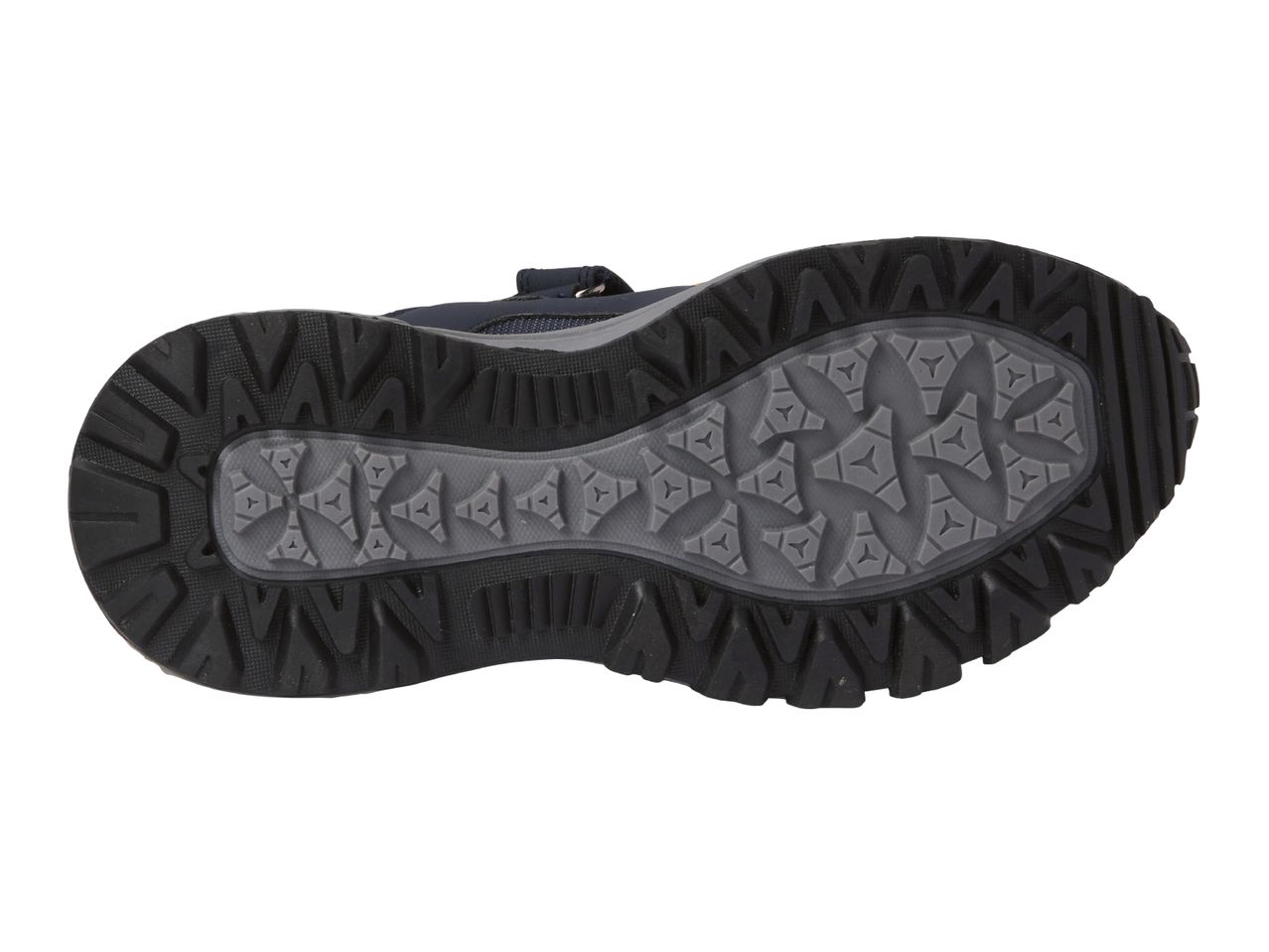 Bottom view of a dark blue and gray hiking sandal.