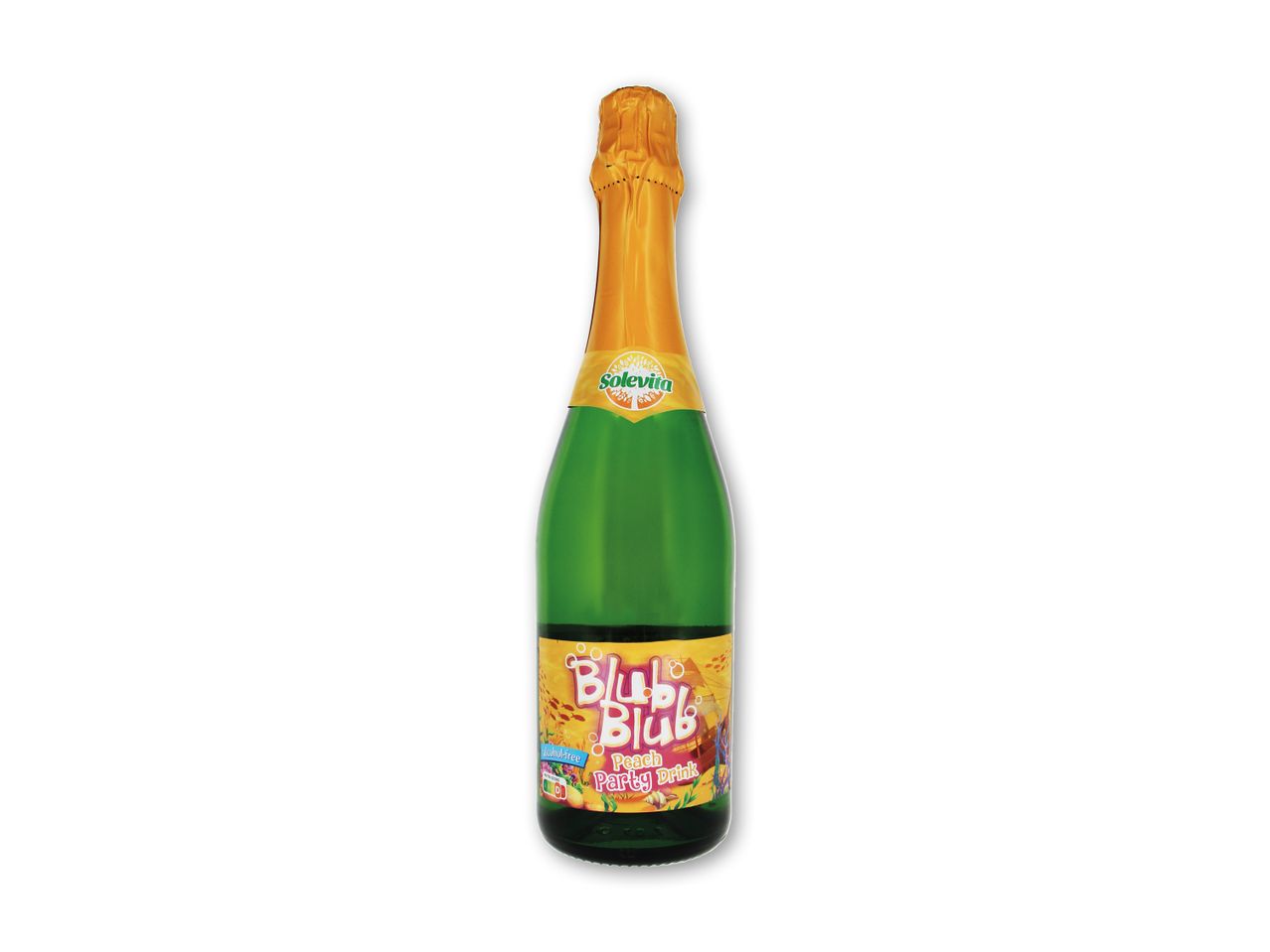 Grøn flaske med gylden folie og etiket med teksten 'Blub Blub Peach Party Drink'.