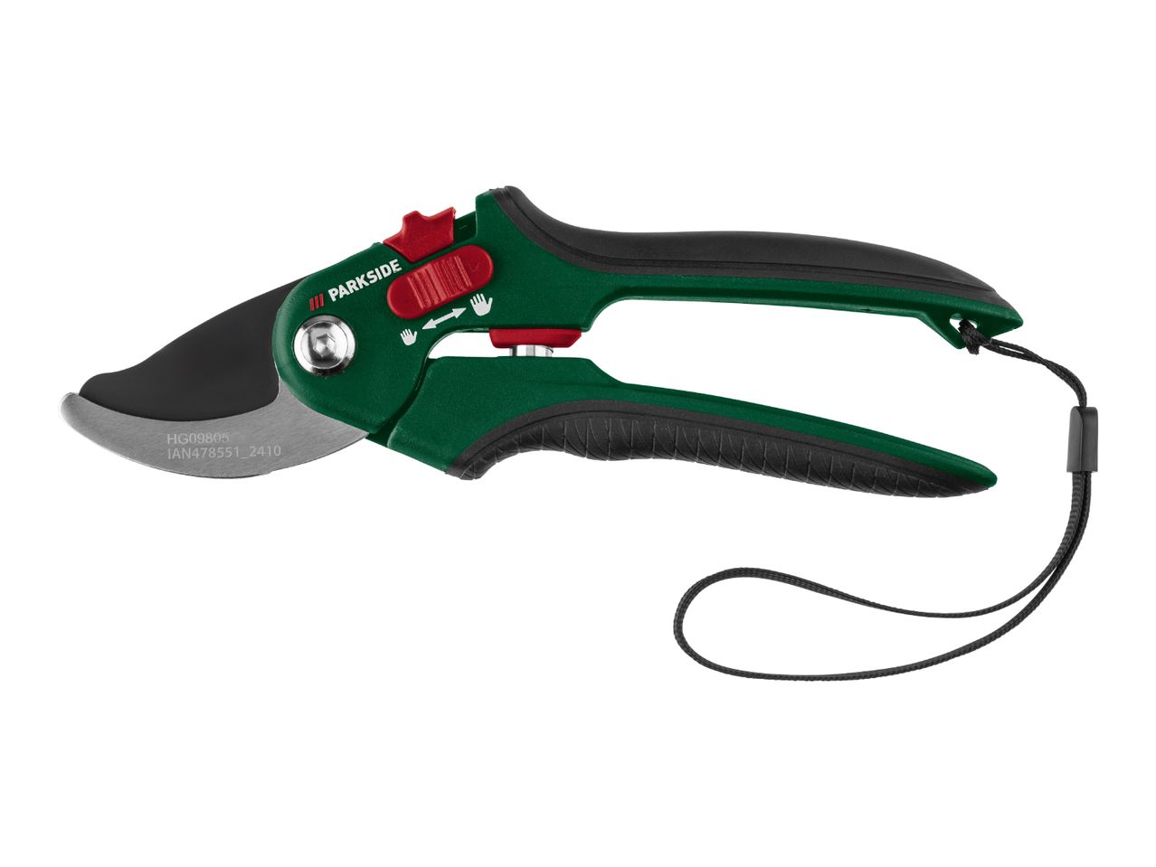 Green and black bypass pruning shears with a wrist strap and adjustable opening width.
