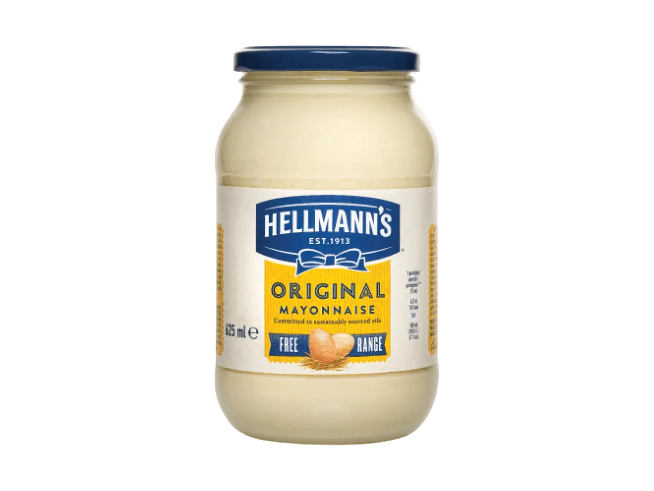 Stiklainis Hellmann's originalaus majonezo su užrašu „Free Range“ ir dviem kiaušiniais.